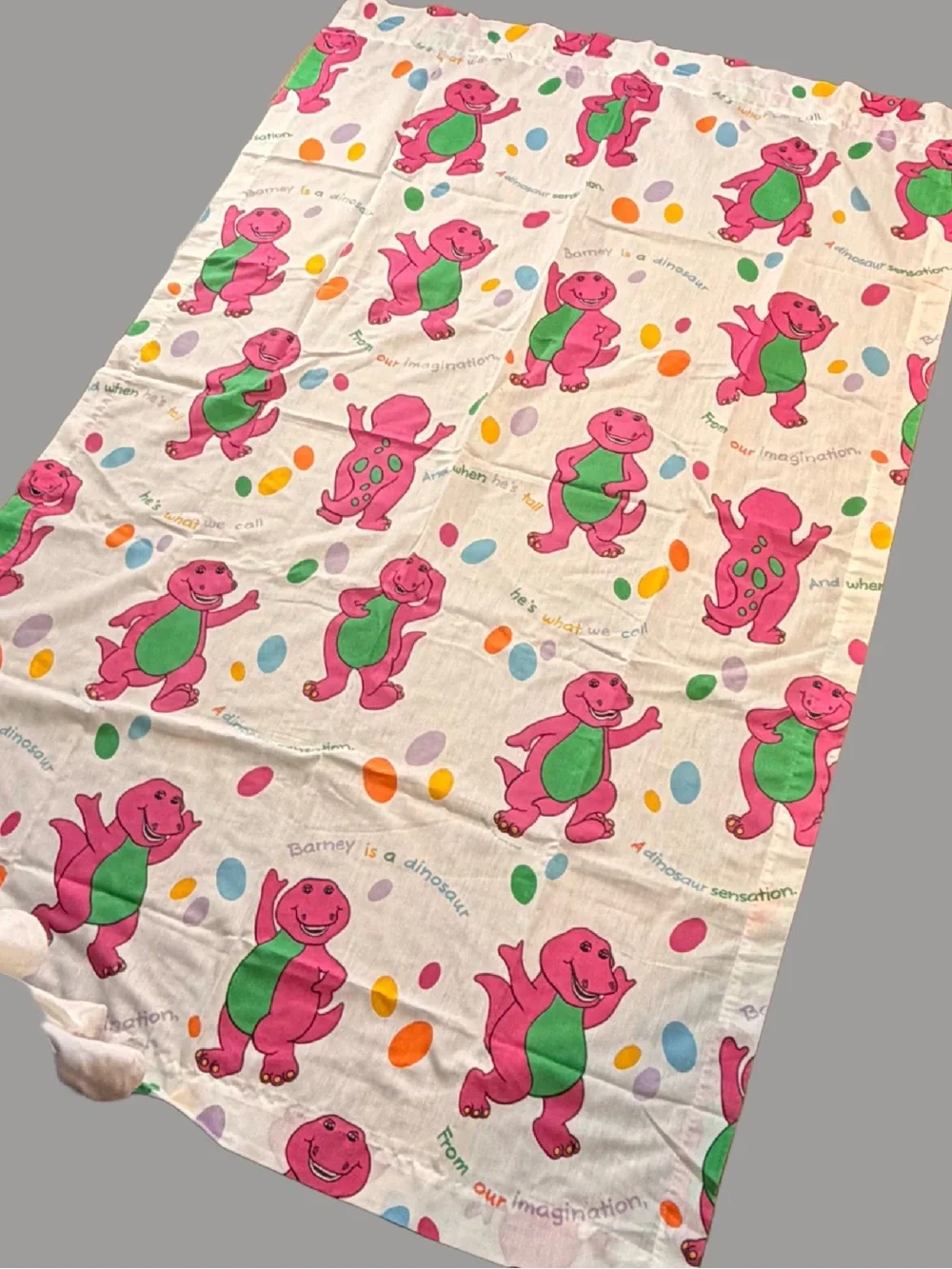 VTG 1992 Lot Barney Curtain and Sheet Set W/ Pillow Case Lyons Group Bibb Co